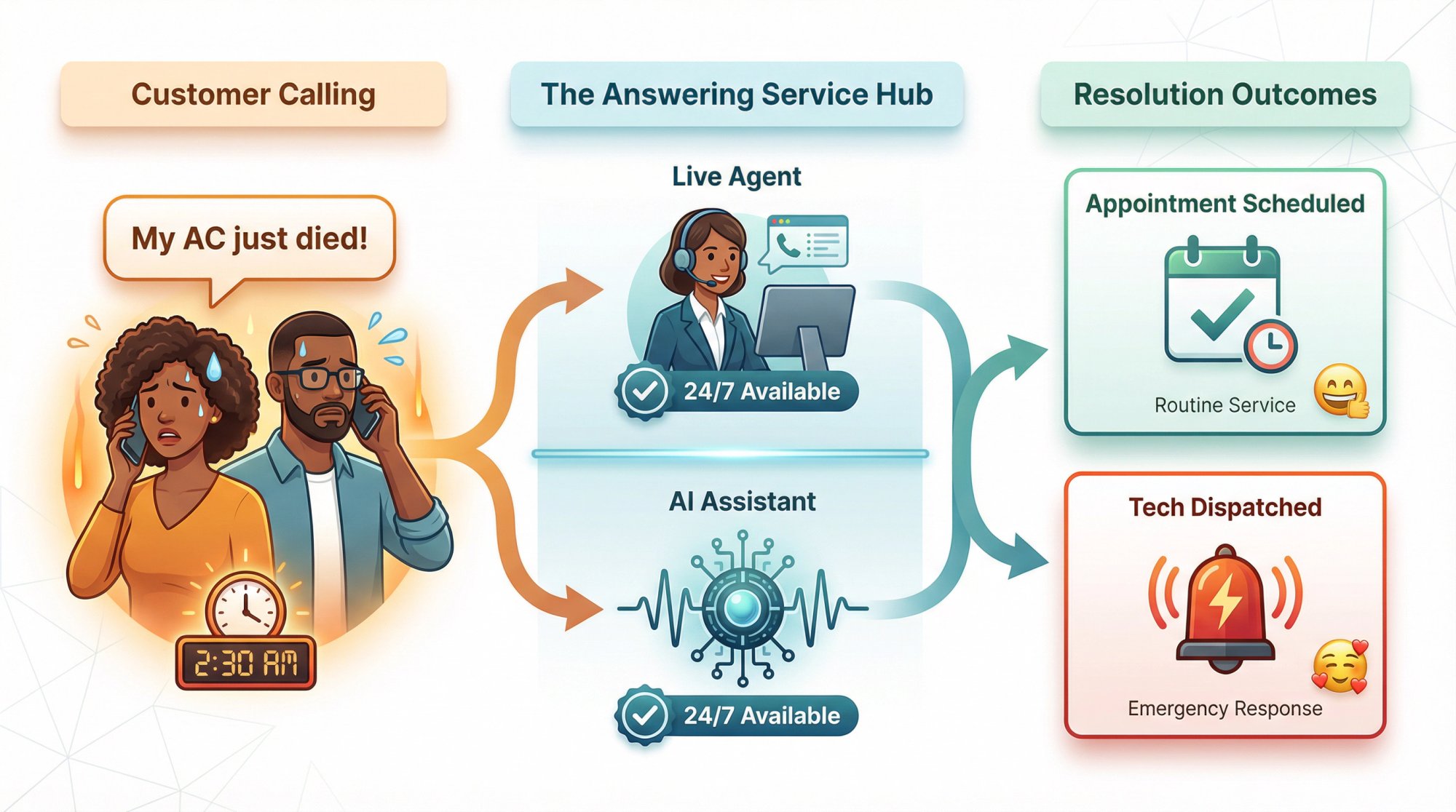 Visual flow showing how an HVAC answering service connects customer calls to professional response and scheduling