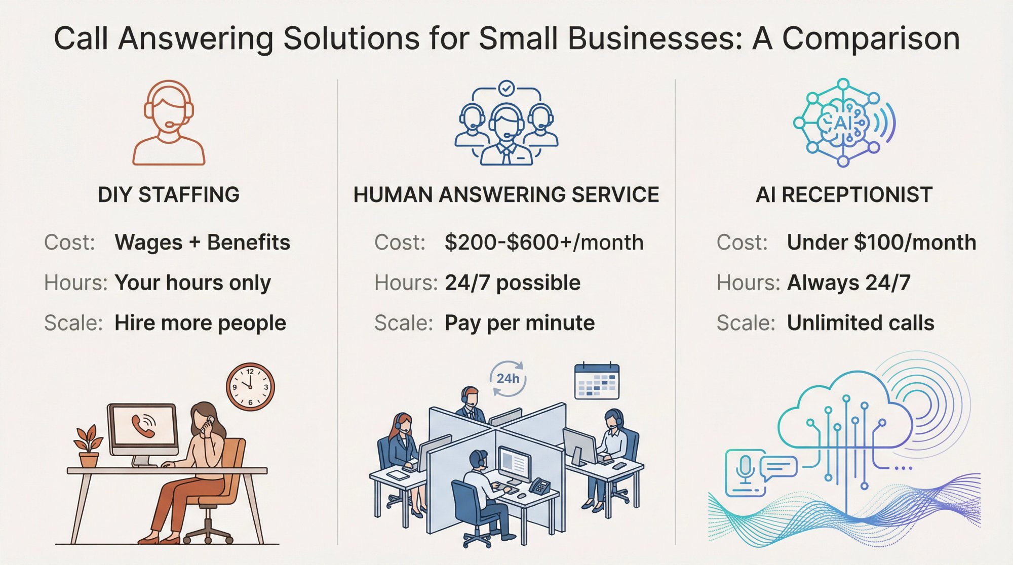 Three-column comparison showing DIY staffing, human answering service, and AI receptionist options for call handling