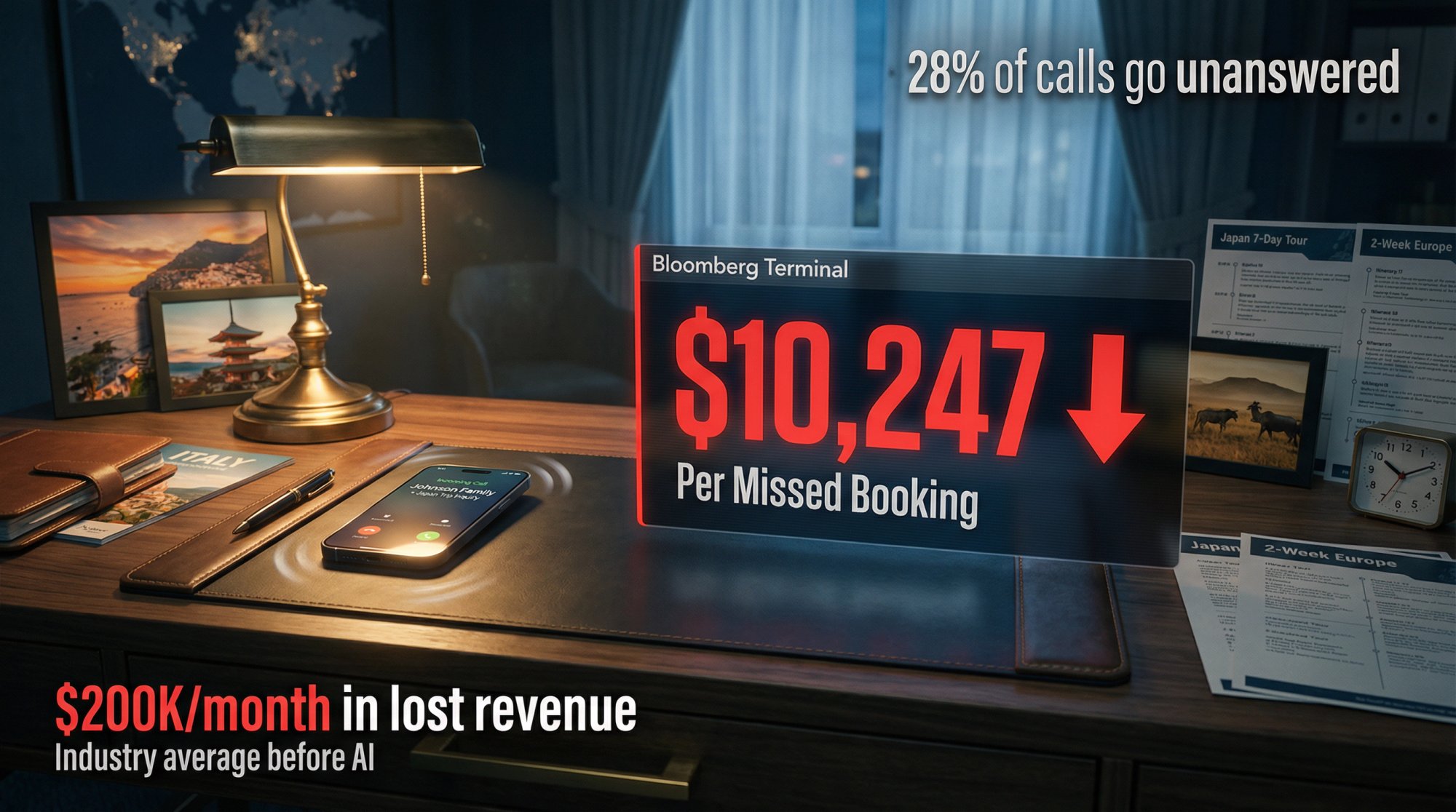 Dramatic visualization of financial loss from unanswered travel agency calls with $10K+ booking evaporating