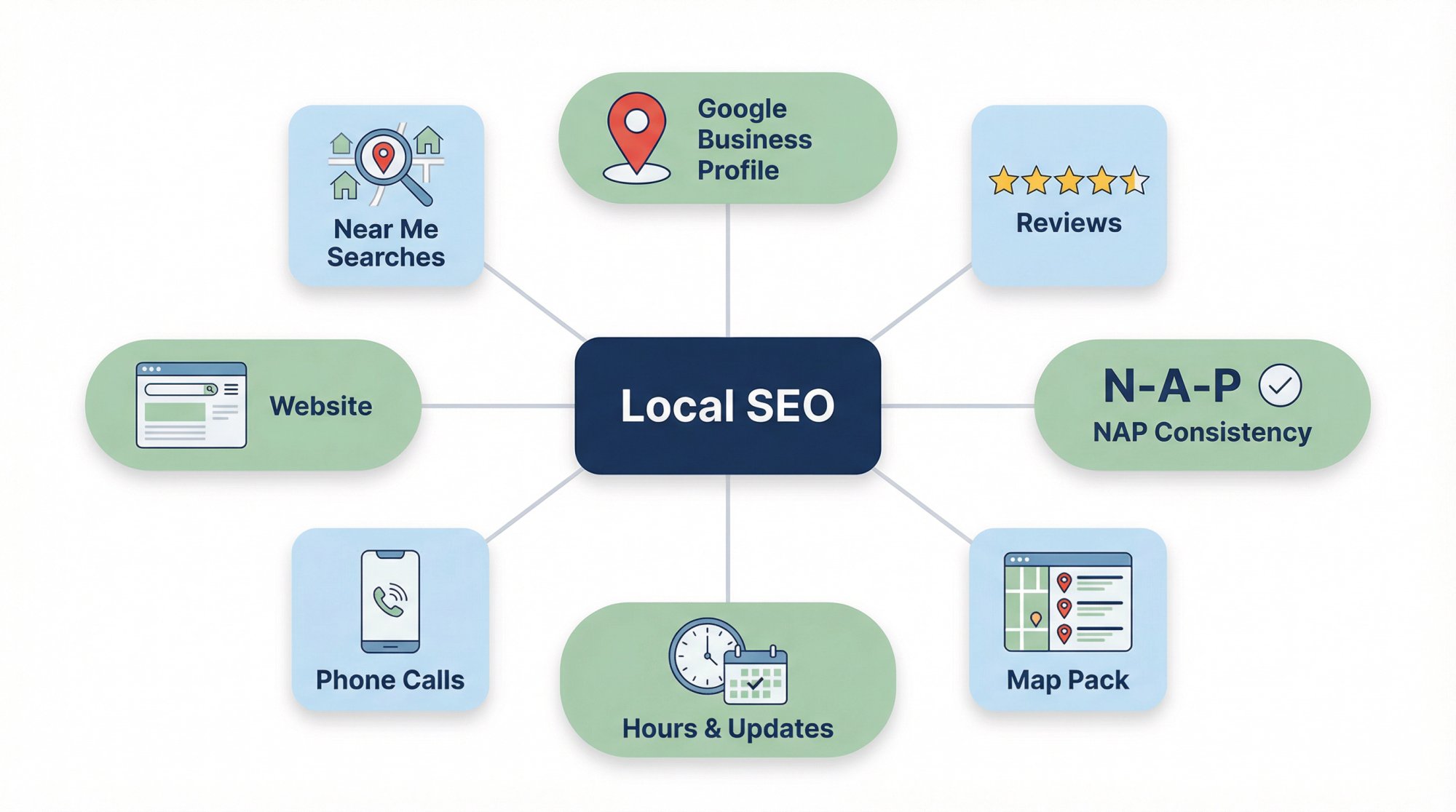 Local SEO knowledge map showing key concepts: Google pin, star reviews, NAP consistency, map pack, hours, phone, and website