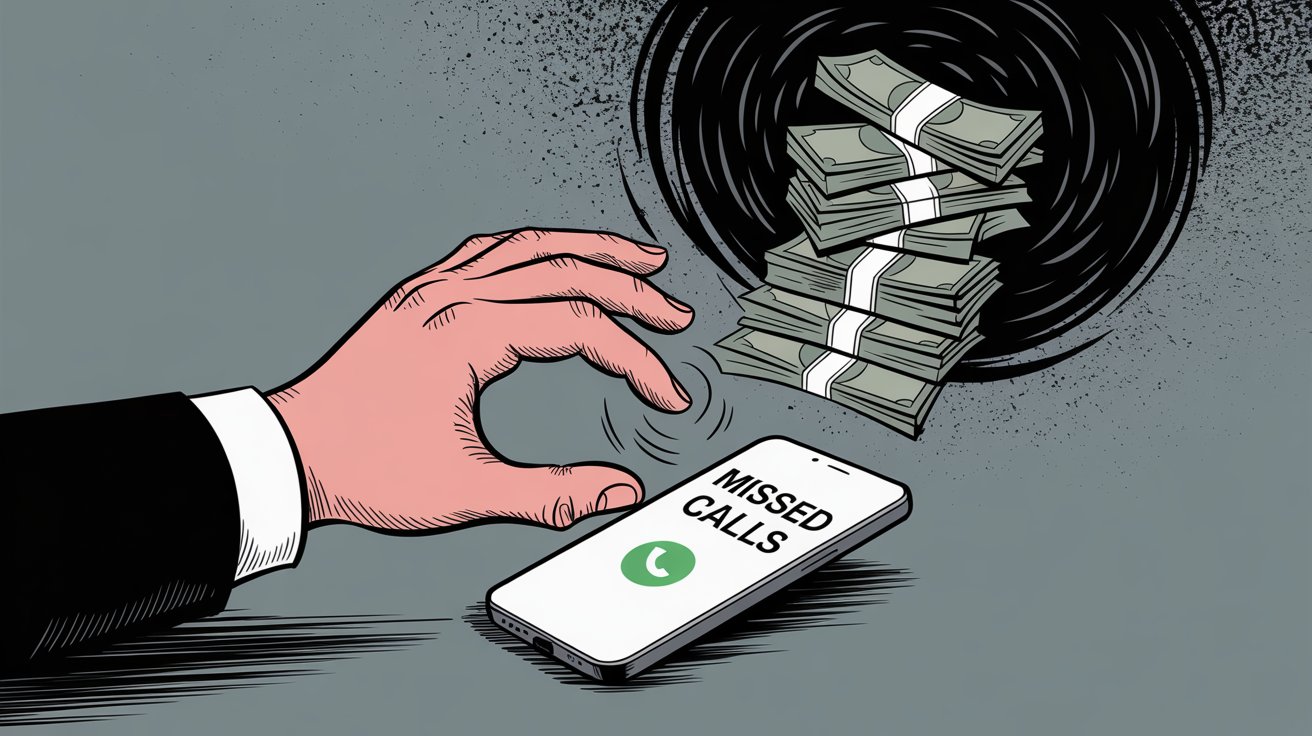Illustration of missed business calls resulting in lost revenue, showing money disappearing into a vortex above a phone displaying missed calls