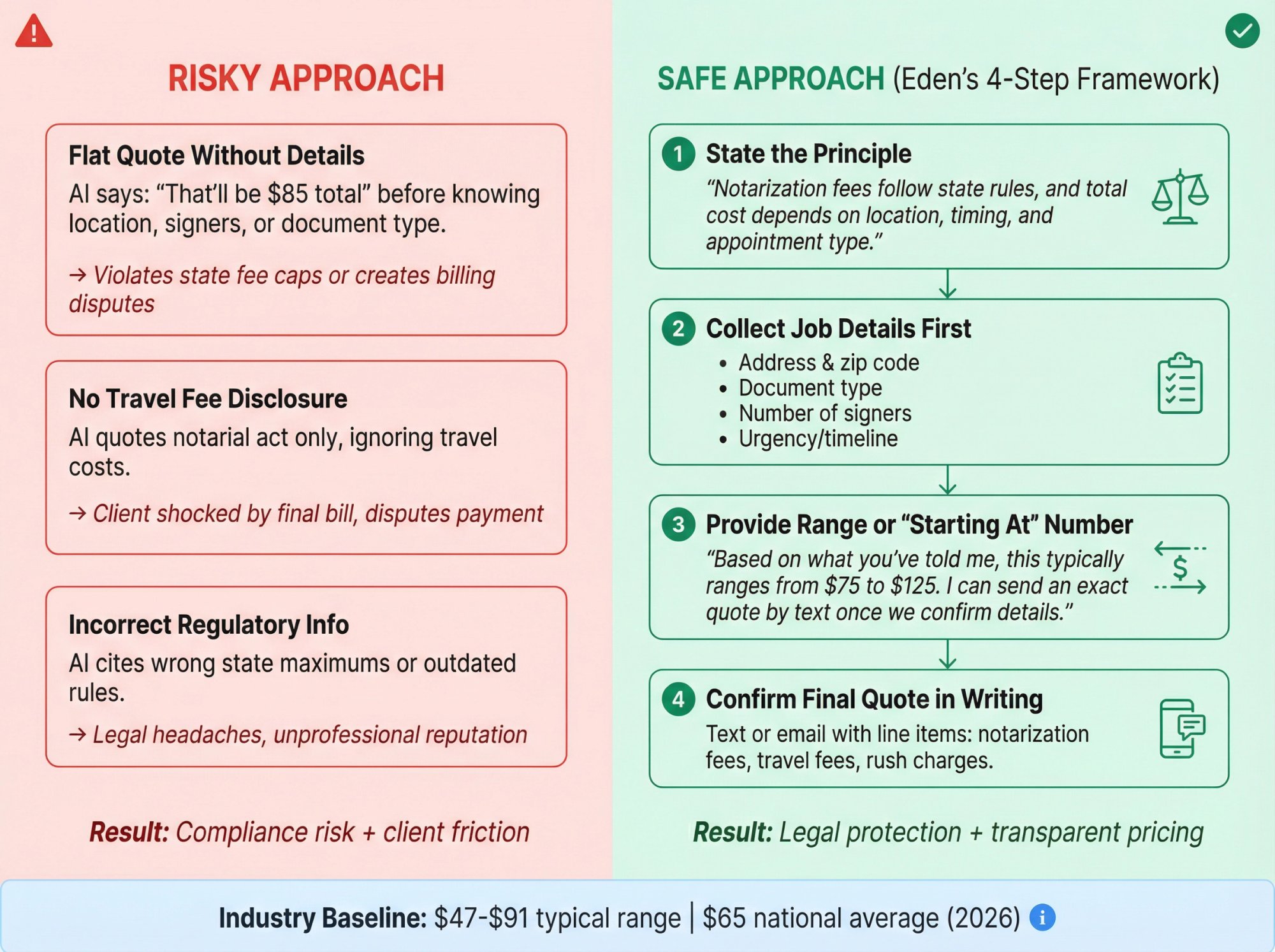 Split-panel comparison showing risky vs safe notary pricing approaches for AI receptionists with regulatory compliance