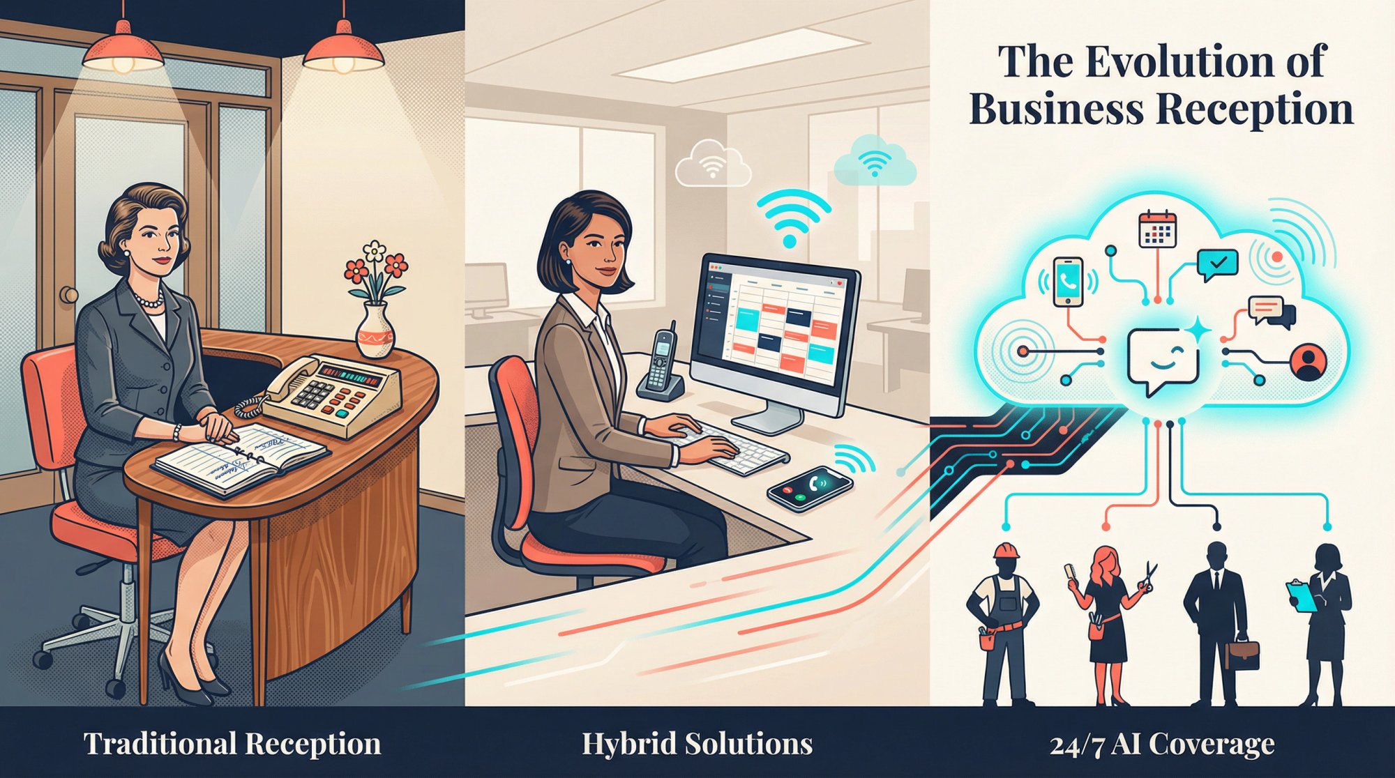 Evolution of reception from traditional desk to AI-powered 24/7 coverage showing human receptionist transforming into cloud-based system