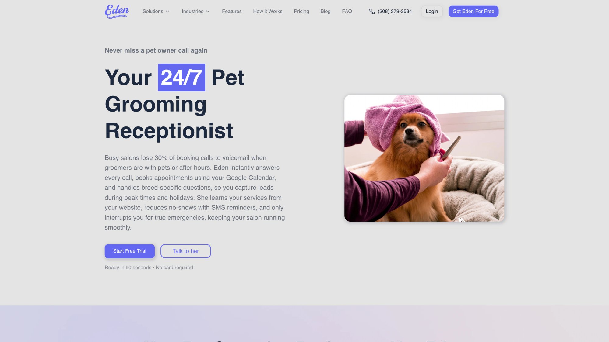 Eden's dedicated pet grooming answering service page featuring breed-specific intelligence, appointment booking, and 24/7 call handling for groomers