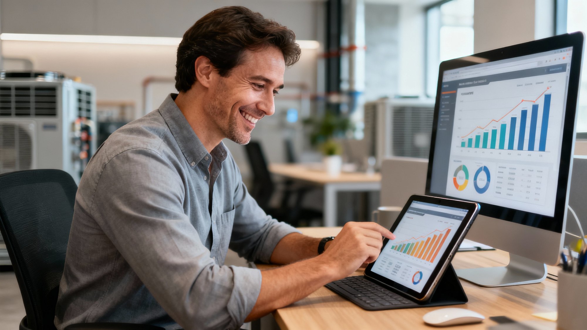 Successful business owner smiling while reviewing positive growth metrics and ROI dashboard