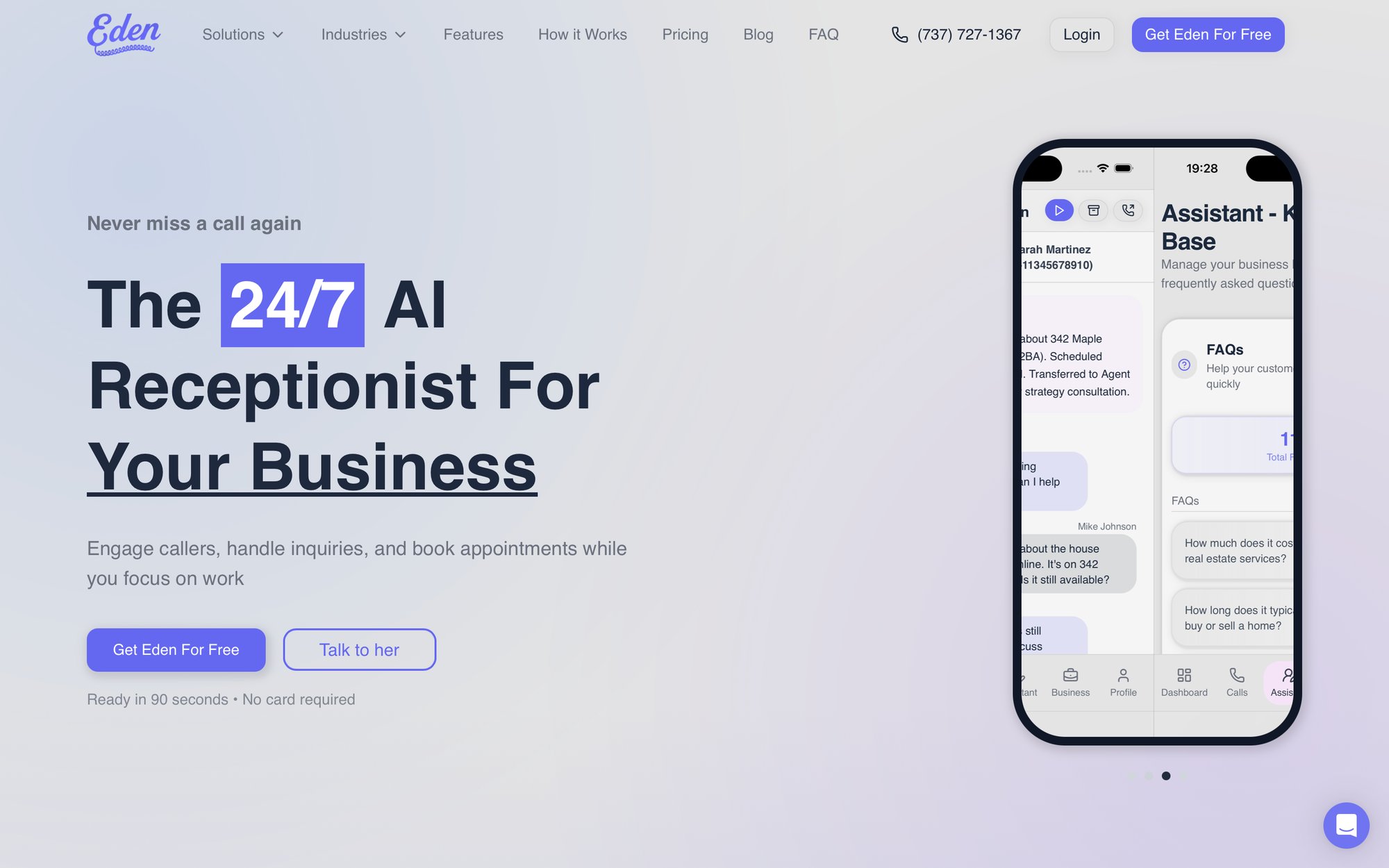 A webpage for Eden's 24/7 AI Receptionist service, with a mobile app interface showing calls and FAQs.