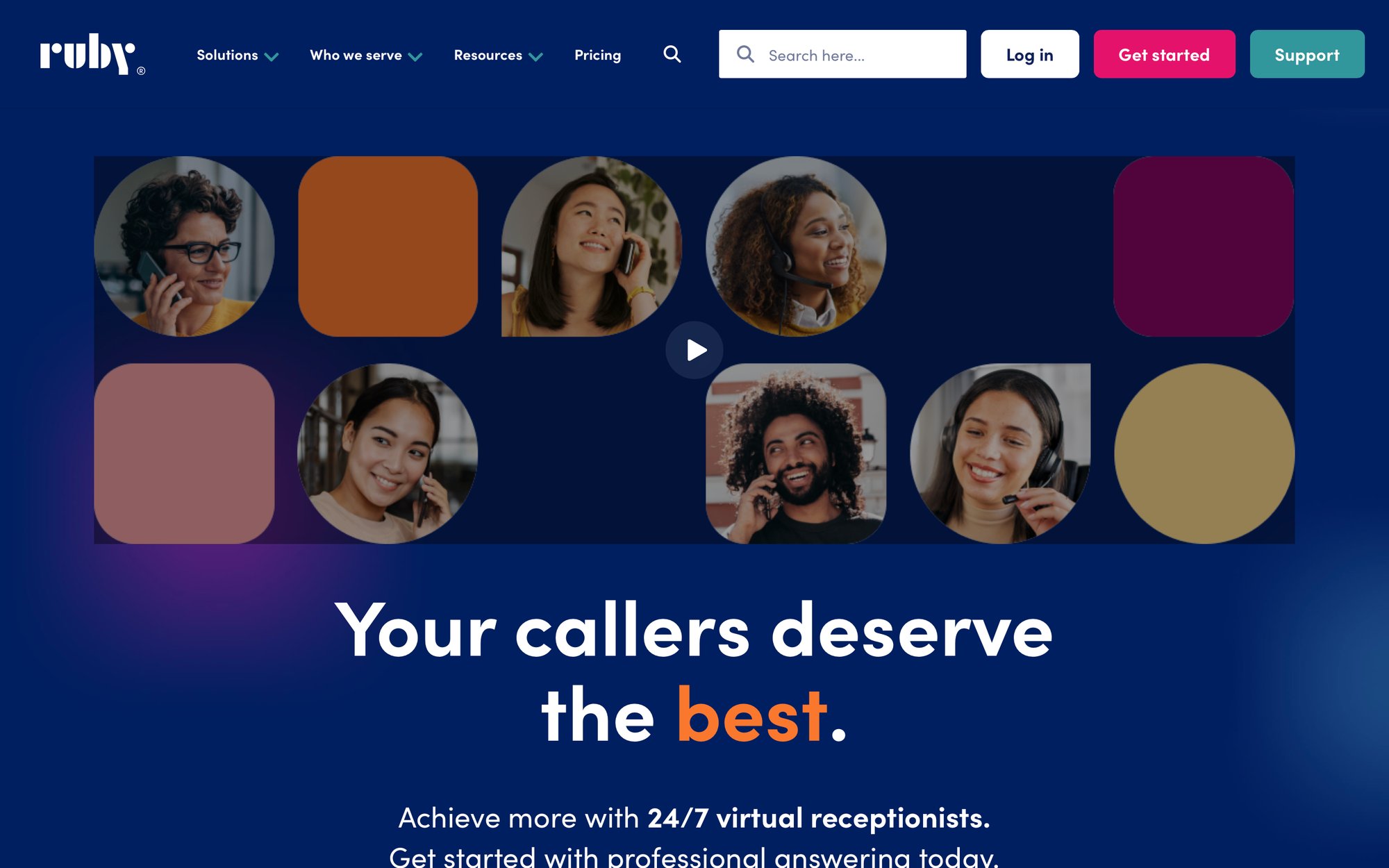 Ruby homepage showing logo, navigation, search bar, and a collage of smiling virtual receptionists.