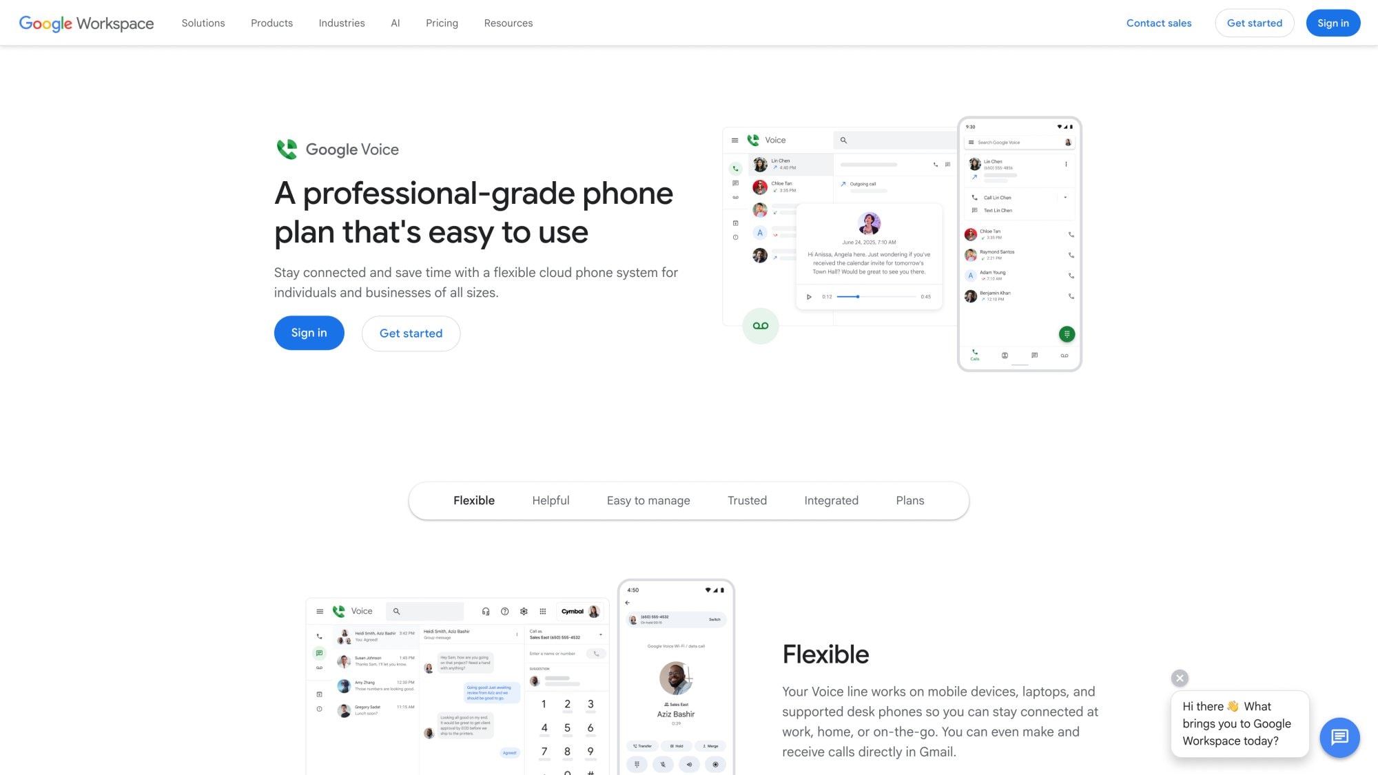 Google Voice Workspace product page showing professional phone plan with UI screenshots and feature tabs