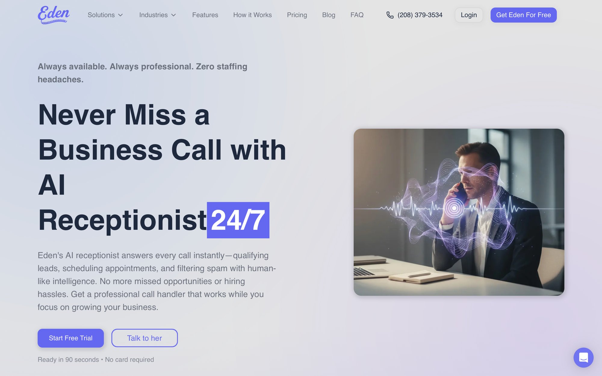A man on the phone with glowing sound waves, representing an AI receptionist service.