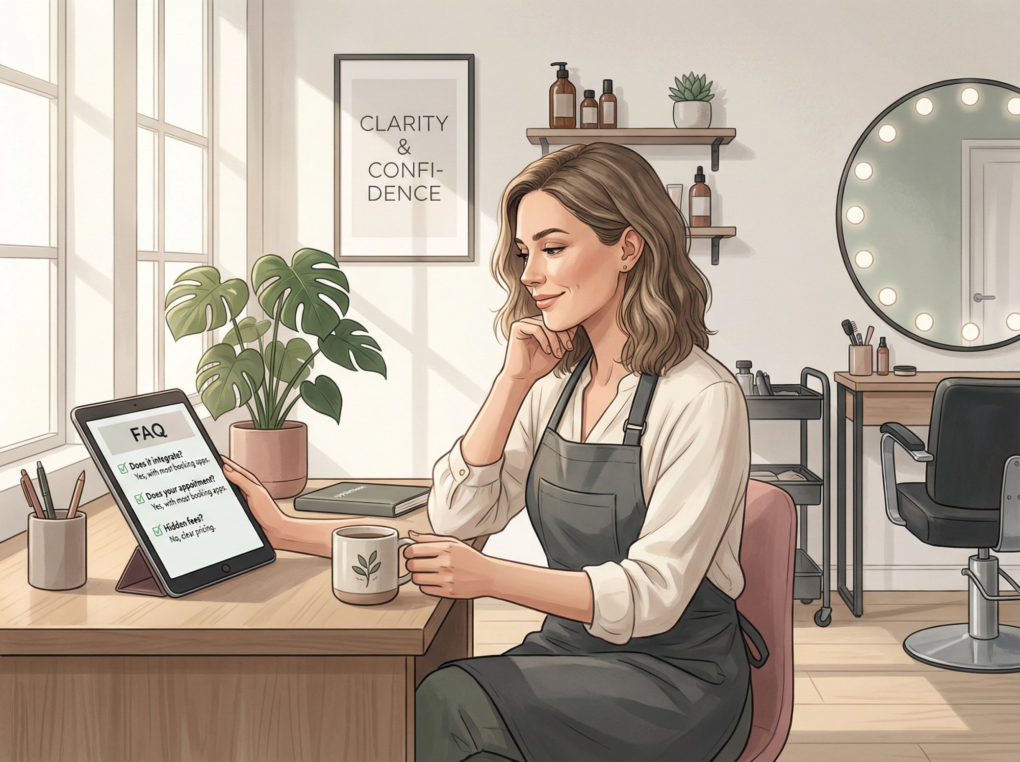 Friendly salon owner reviewing common questions about appointment scheduling software with clear, helpful answers displayed
