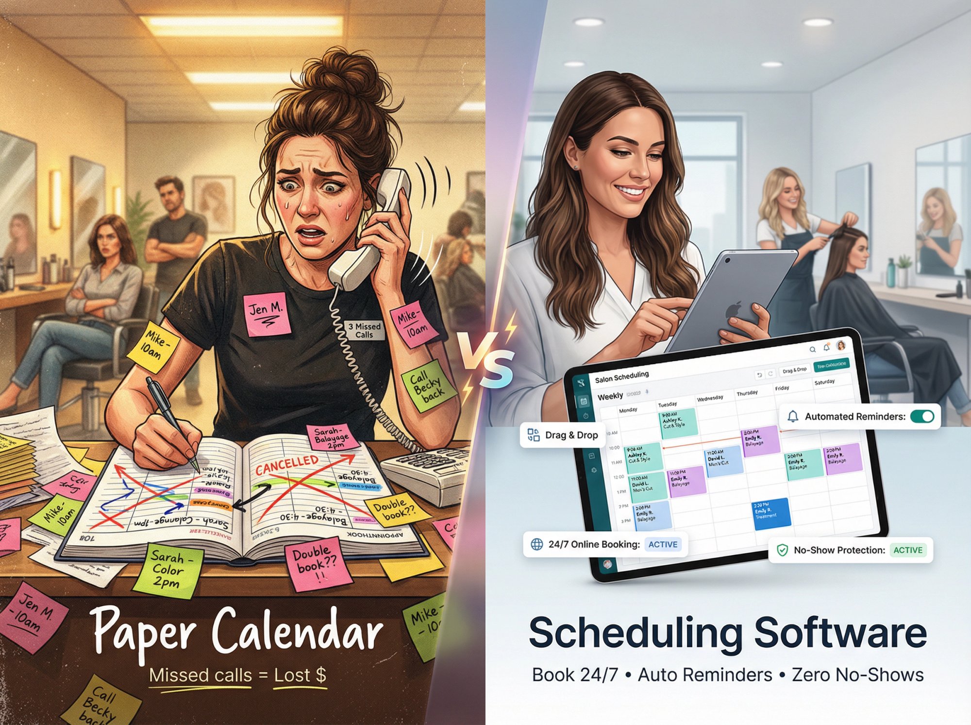 Split comparison showing chaotic paper calendar scheduling versus organized digital software interface