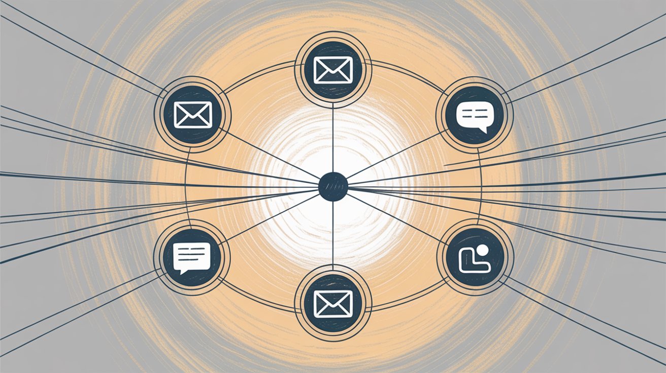 Connected communication tools hub showing integrated chat, email, video conferencing, and calendar platforms