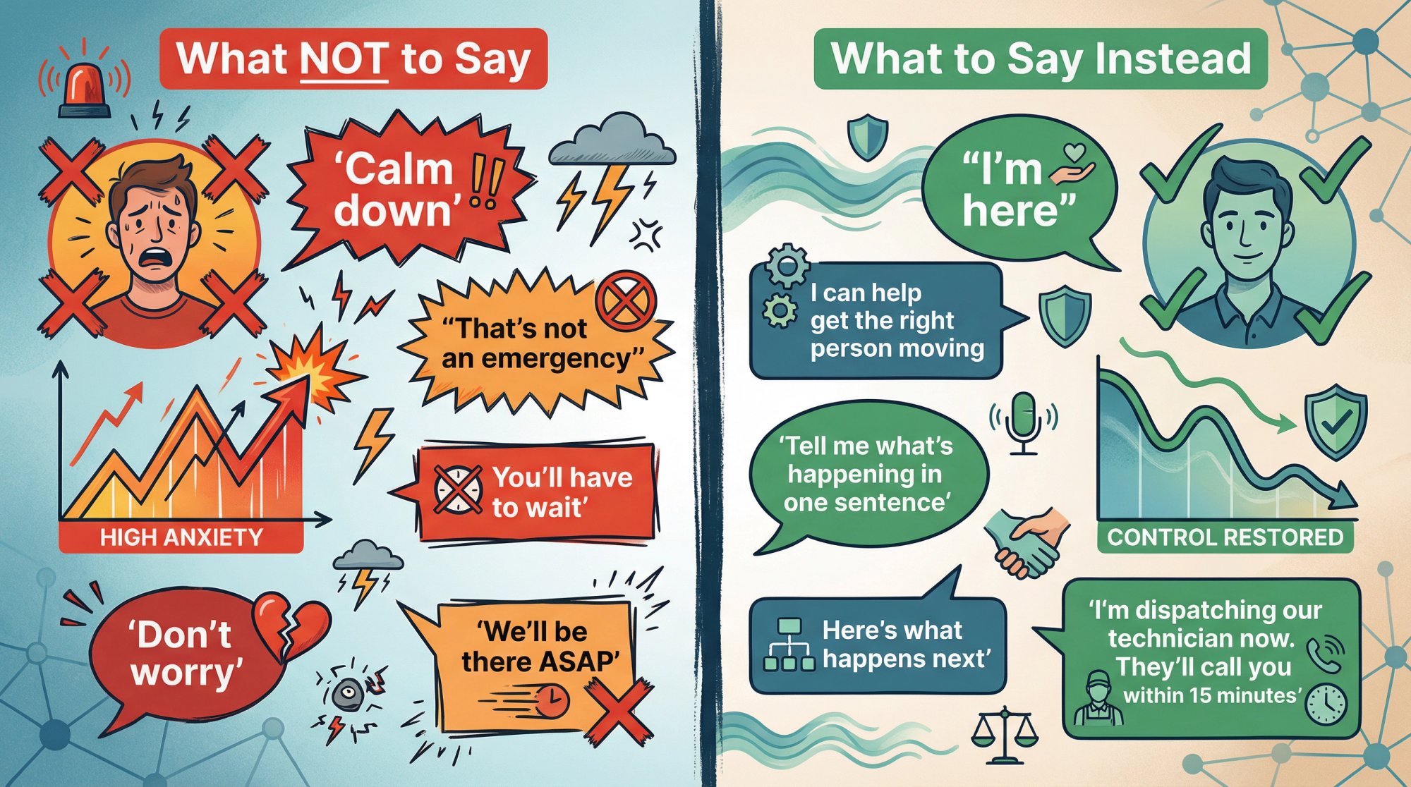 Split comparison showing ineffective vs effective phrases for calming emergency callers with visual stress indicators
