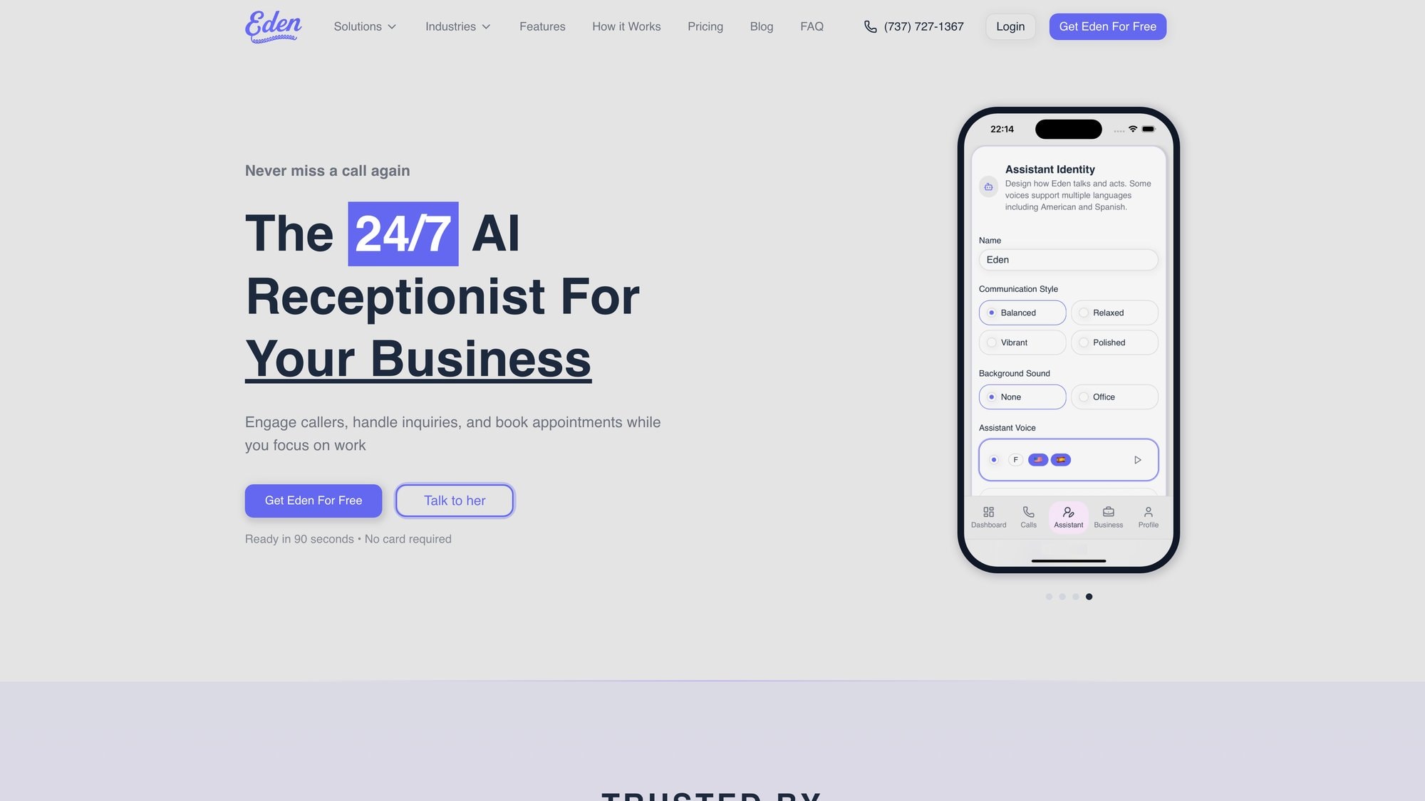 Eden AI answering service homepage featuring 24/7 live answering and contractor-focused call management