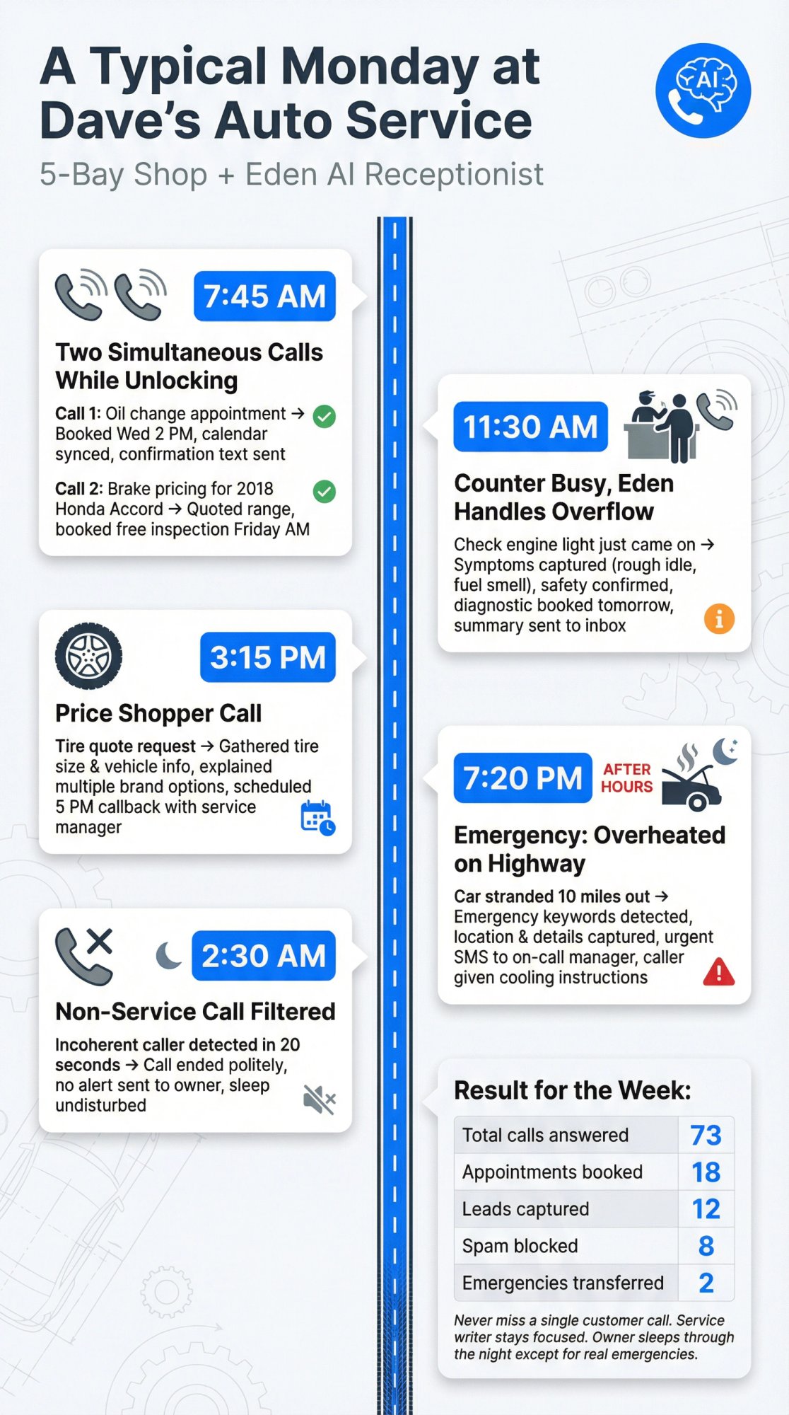 Day-in-the-life timeline showing how Eden AI receptionist handles auto shop calls throughout a busy Monday from 7:45 AM to 2:30 AM