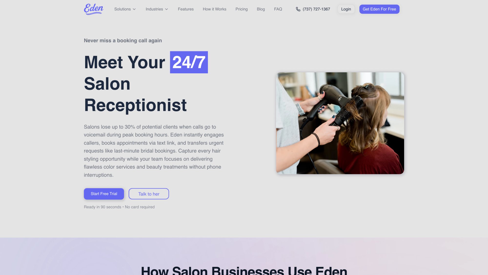 Eden salon answering service landing page showing 24/7 receptionist features tailored for hair salons and beauty businesses