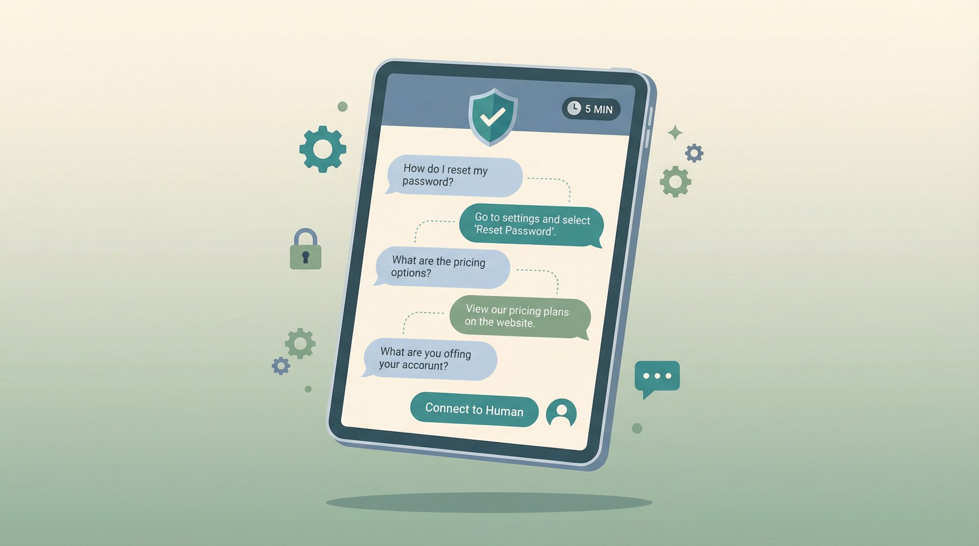 Modern FAQ interface showing quick AI responses with human escalation pathways and security indicators