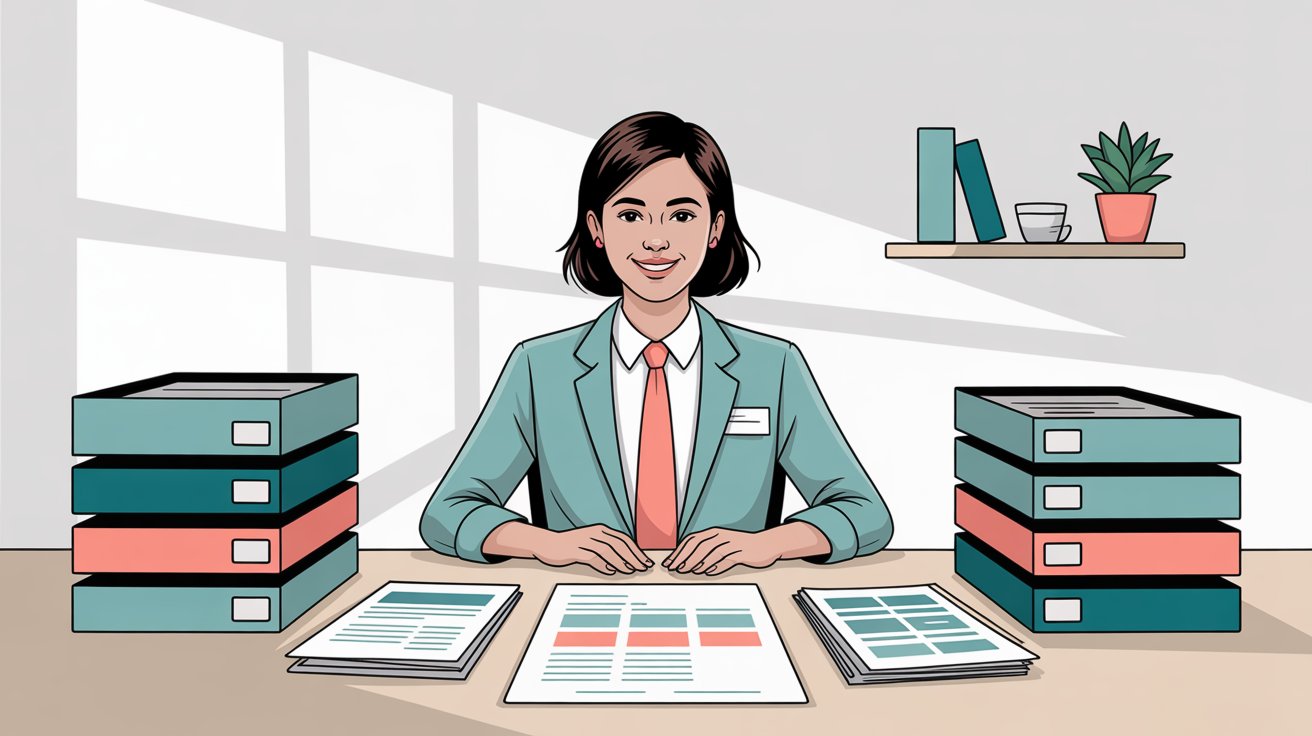 Professional customer service representative using organized response templates at an organized workspace