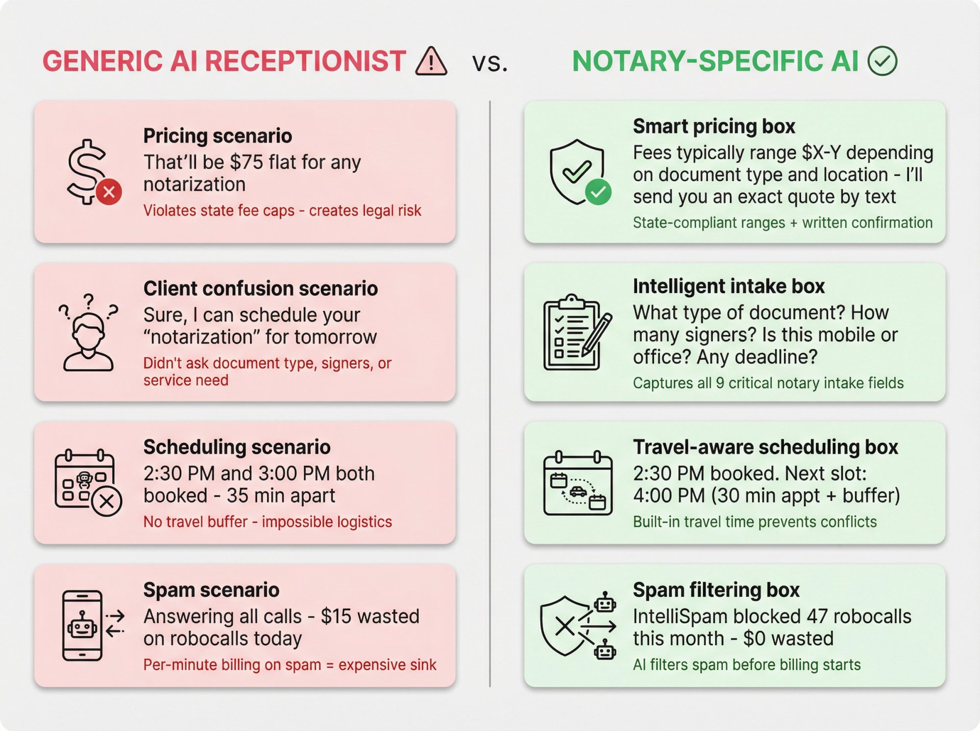 Split comparison showing generic AI receptionist failing notary-specific scenarios vs specialized notary AI handling them correctly