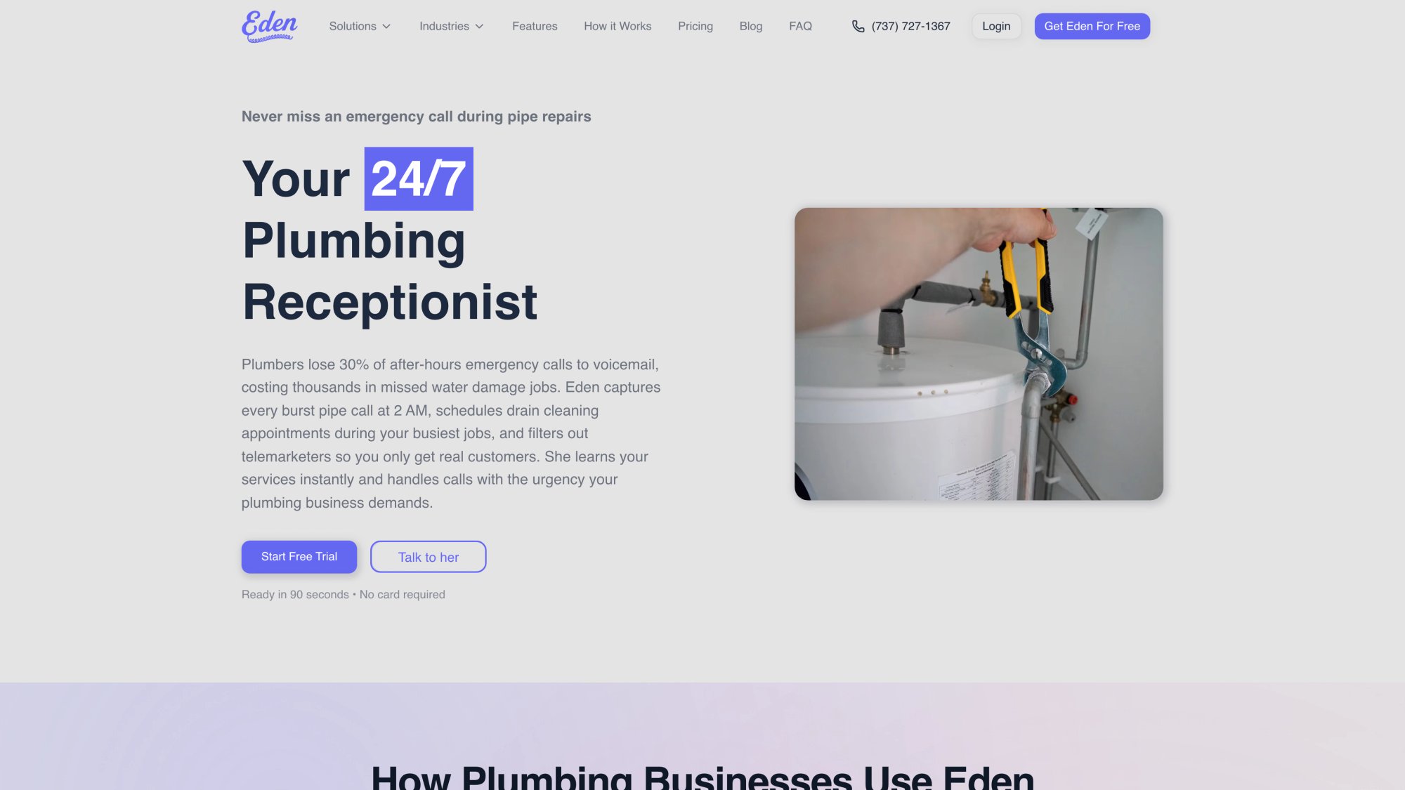 Eden's plumbing answering service page showing emergency call handling for plumbers with 24/7 availability and dispatch features