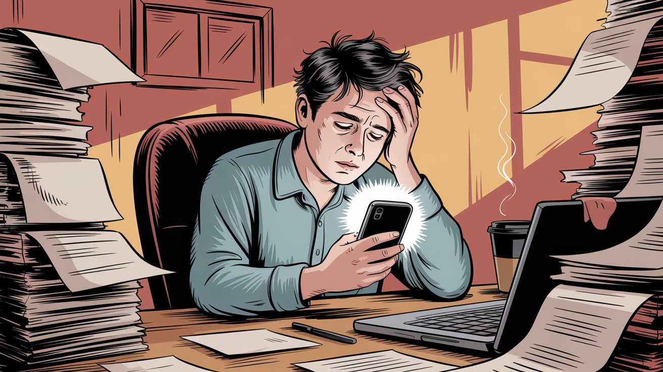 Frustrated small business owner overwhelmed by phone interruptions at desk