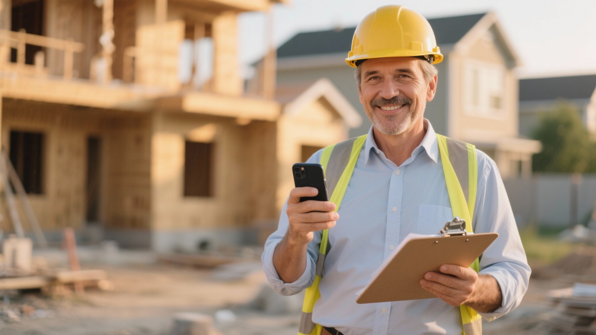 Professional contractor at construction site holding smartphone and clipboard, ready to answer calls and capture leads