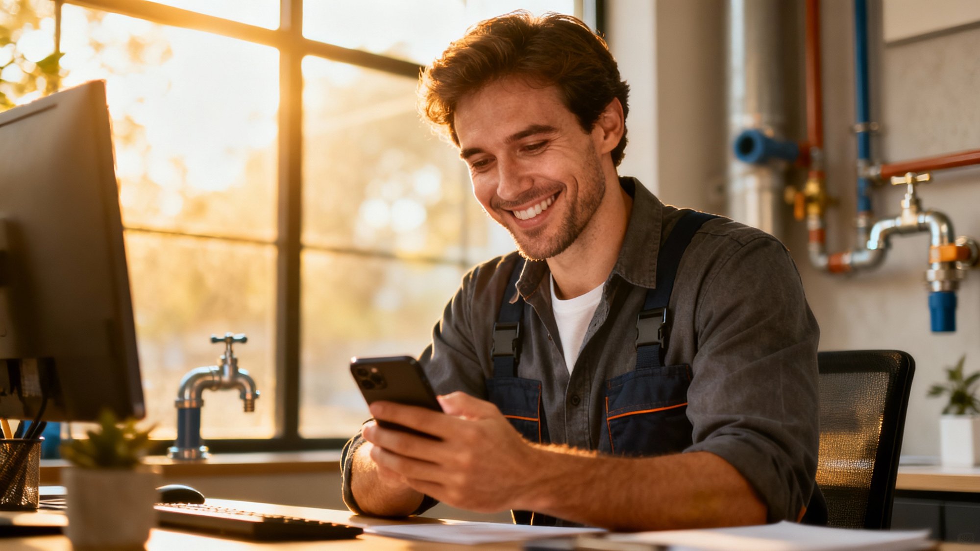 Successful plumbing business owner satisfied with AI receptionist results and increased business performance