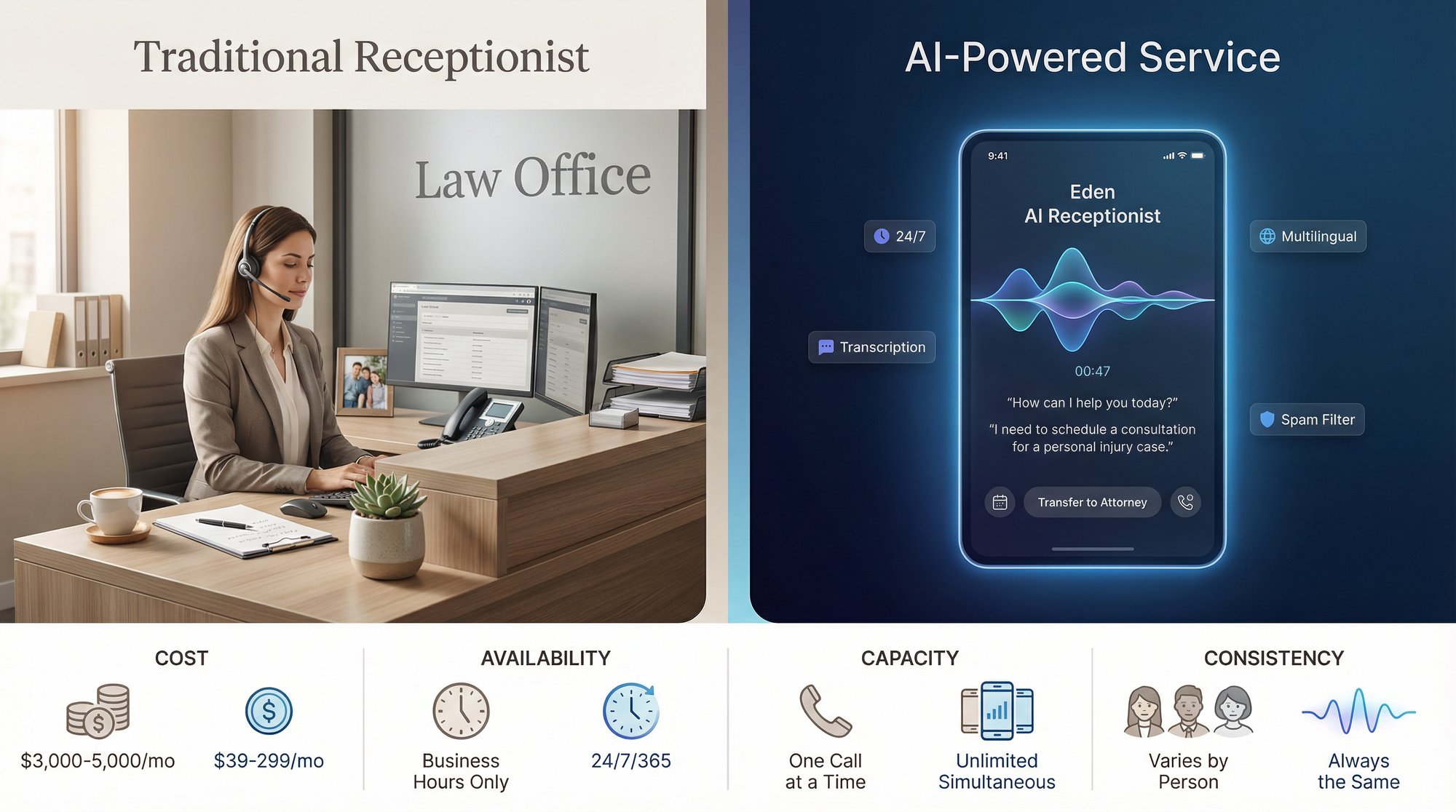 Split comparison showing traditional human receptionist versus AI-powered phone answering for law firms