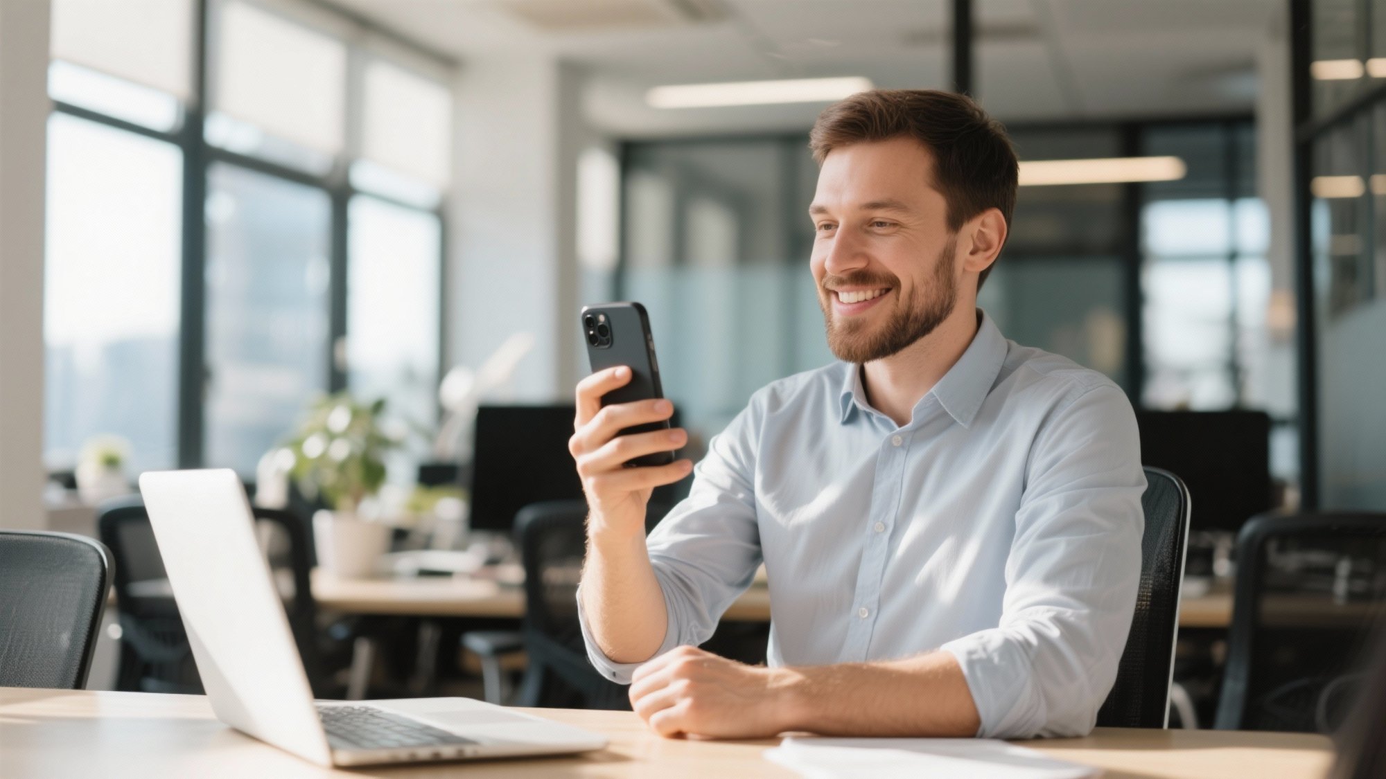 Confident business owner successfully managing communications with AI receptionist service - showing satisfaction and trust in modern phone automation