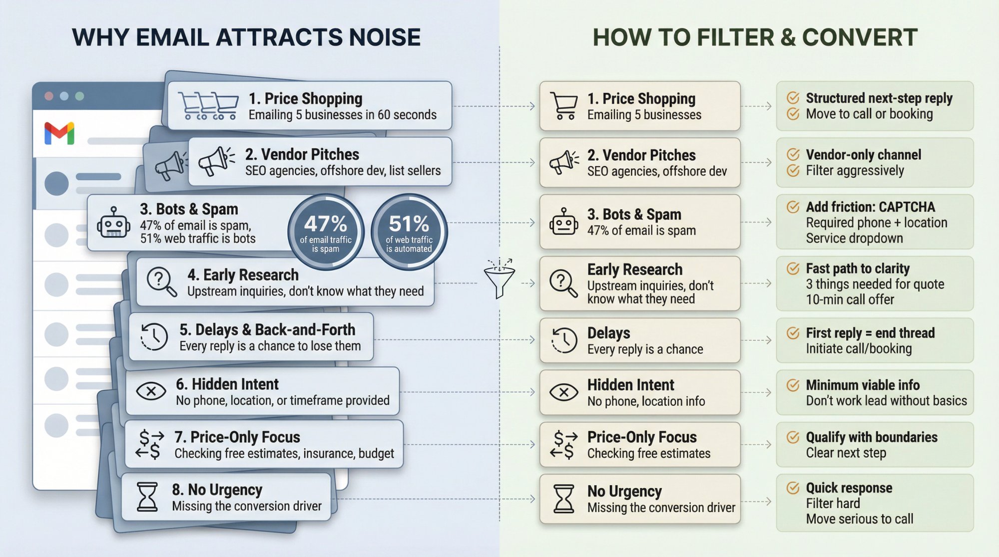 Split infographic showing 8 patterns of low-quality email leads and their corresponding filtering solutions