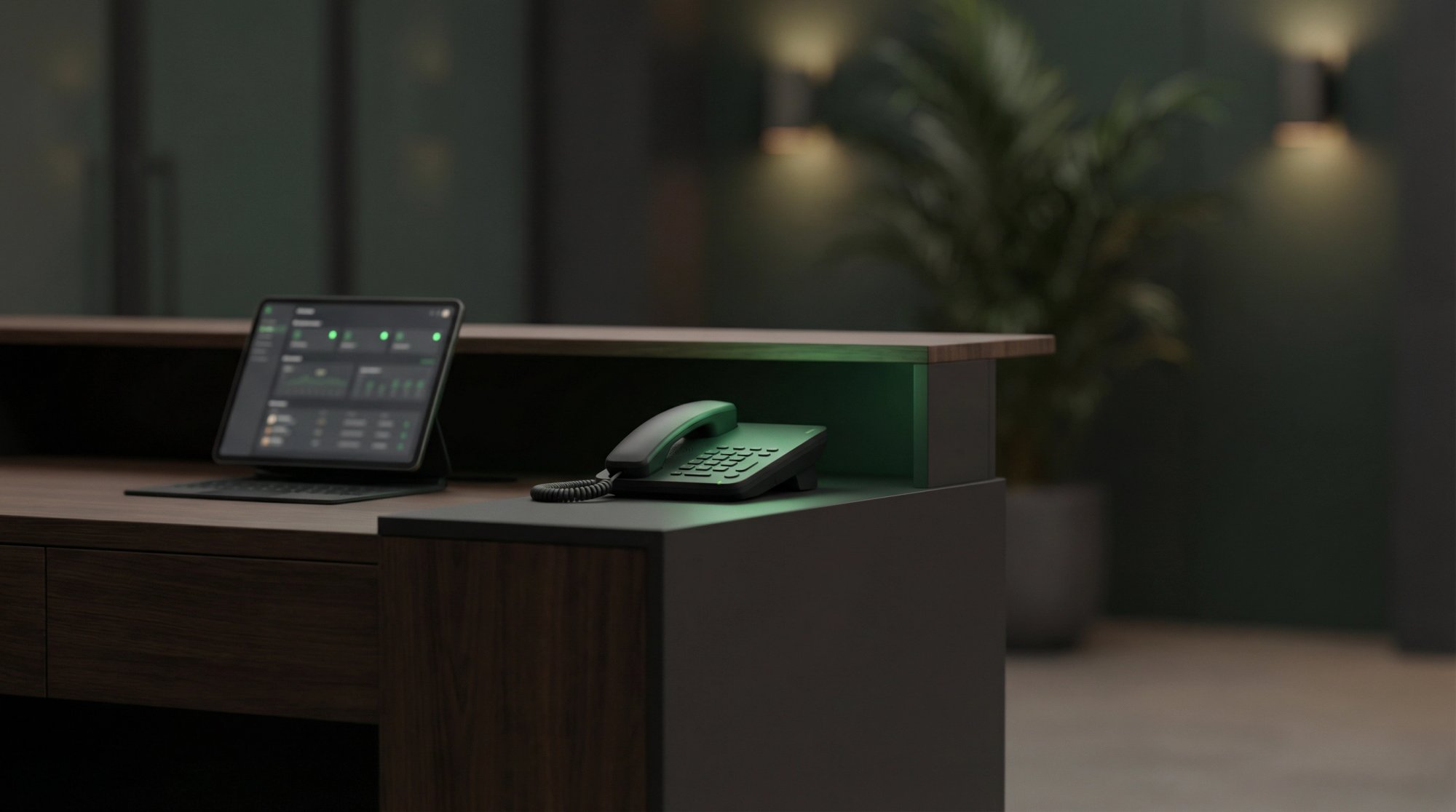 A clean professional reception desk with a glowing phone system, symbolizing an always-on AI receptionist answering every business call