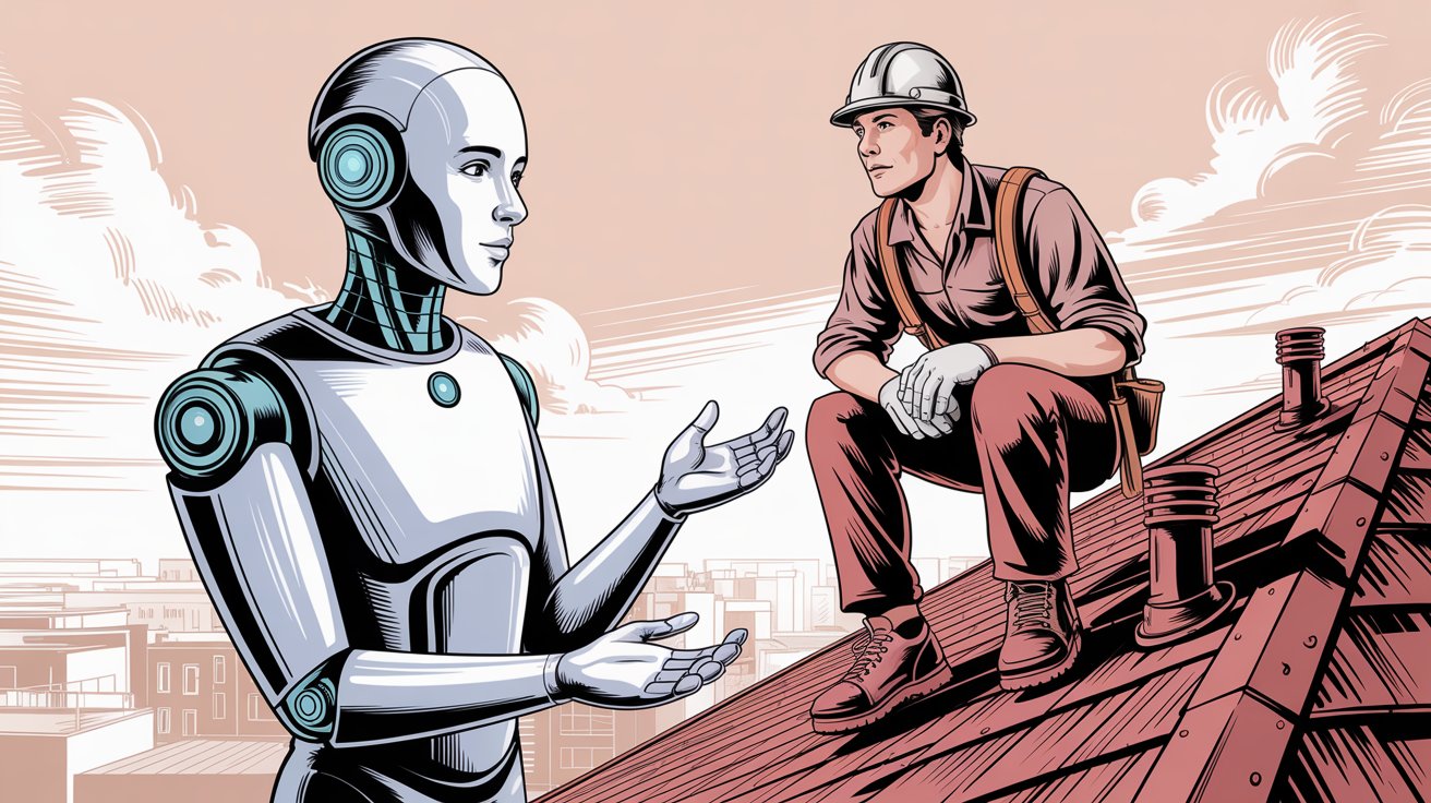 AI receptionist technology assisting a roofing contractor, illustrating modern call handling solutions for roofing businesses