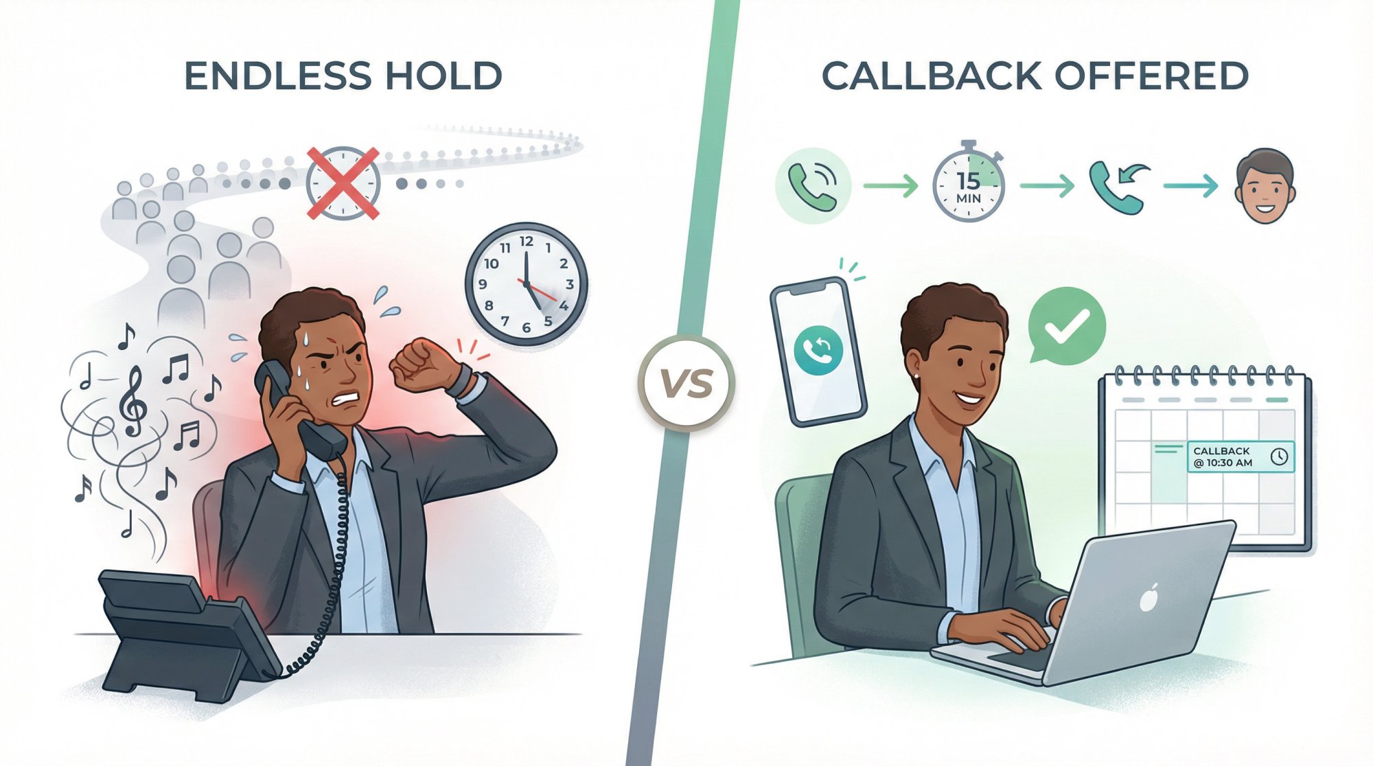 Split comparison showing frustrated caller on endless hold versus relieved caller receiving callback offer