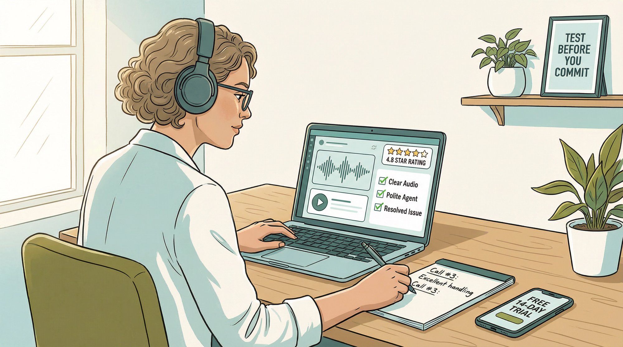 Business owner testing call handling service with headphones, reviewing call recordings on laptop with quality metrics