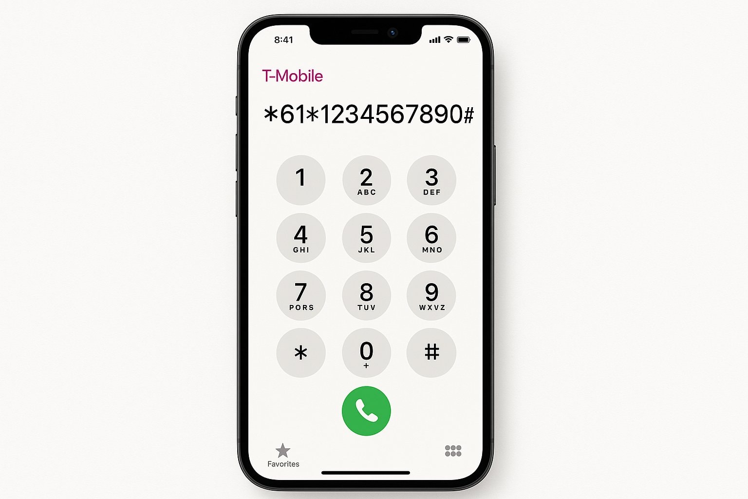 Smartphone screen displaying T-Mobile call forwarding code **61*1234567890# on dial pad