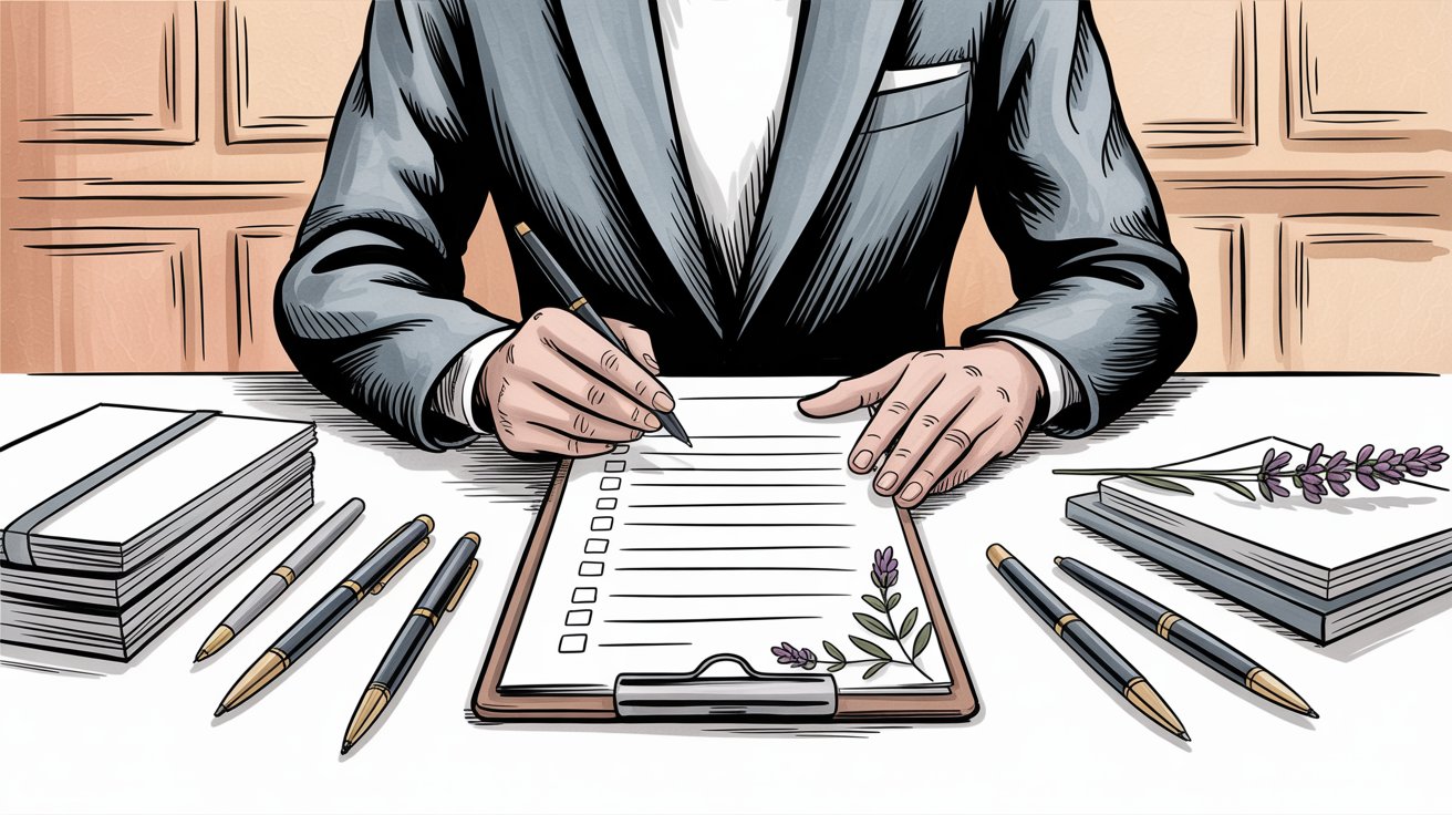 Professional event planner reviewing organized checklist at desk with planning materials