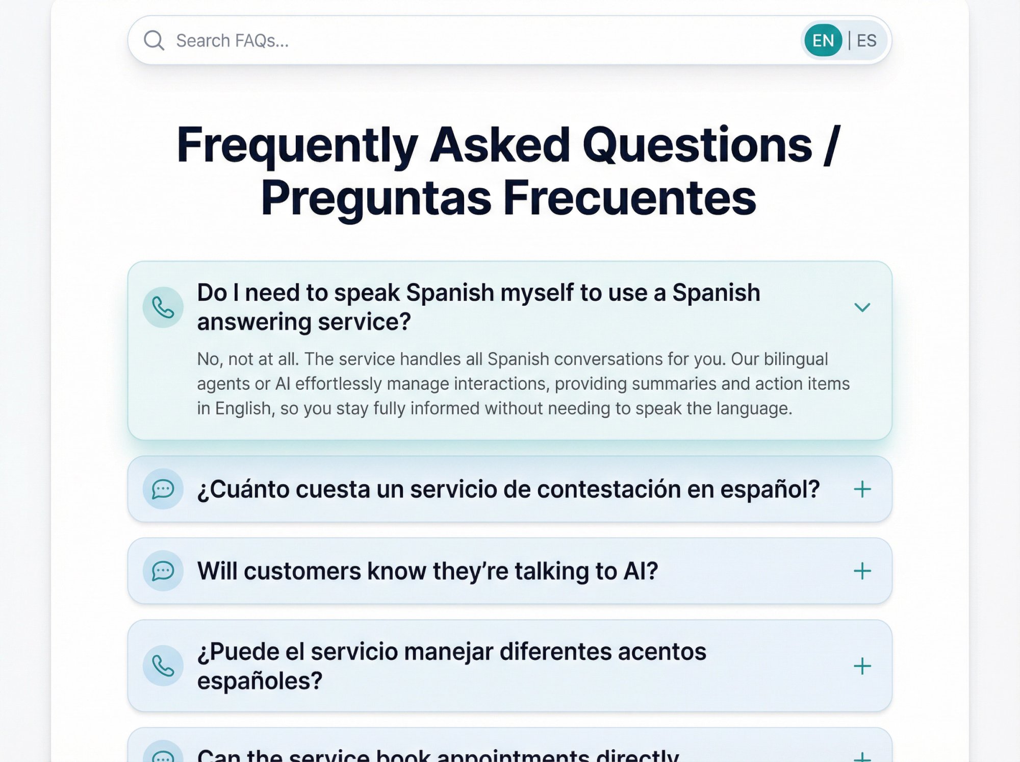 Interactive bilingual FAQ interface showing common Spanish answering service questions in English and Spanish