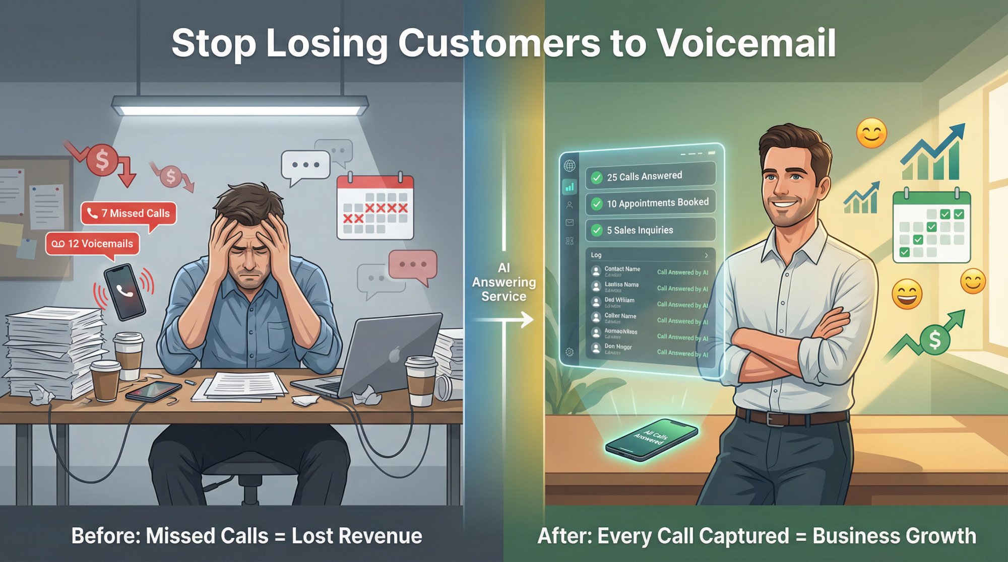 Visual transformation from frustrated business owner missing calls to confident entrepreneur with AI receptionist capturing every opportunity