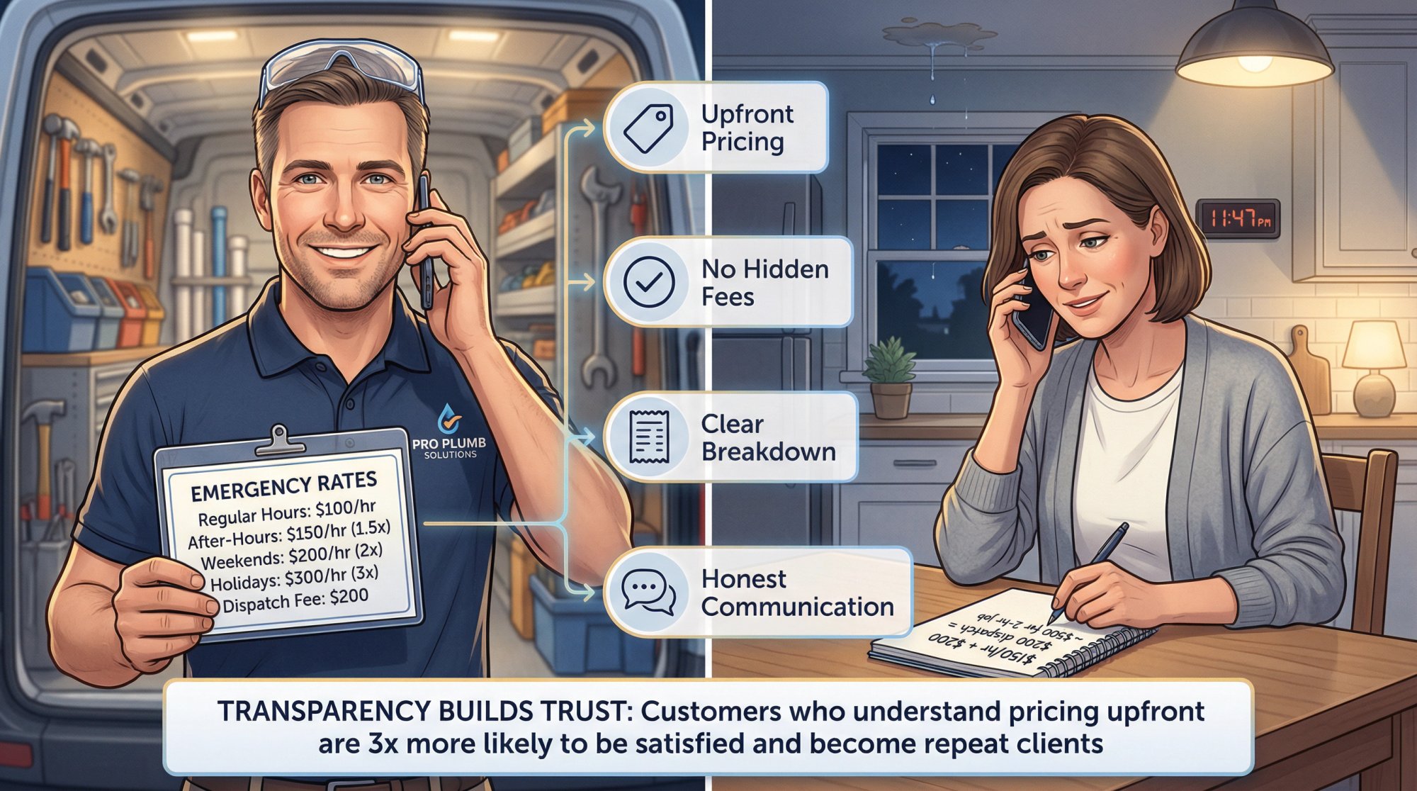 Professional pricing transparency conversation showing plumber explaining emergency rates to homeowner over phone with clear rate card visible