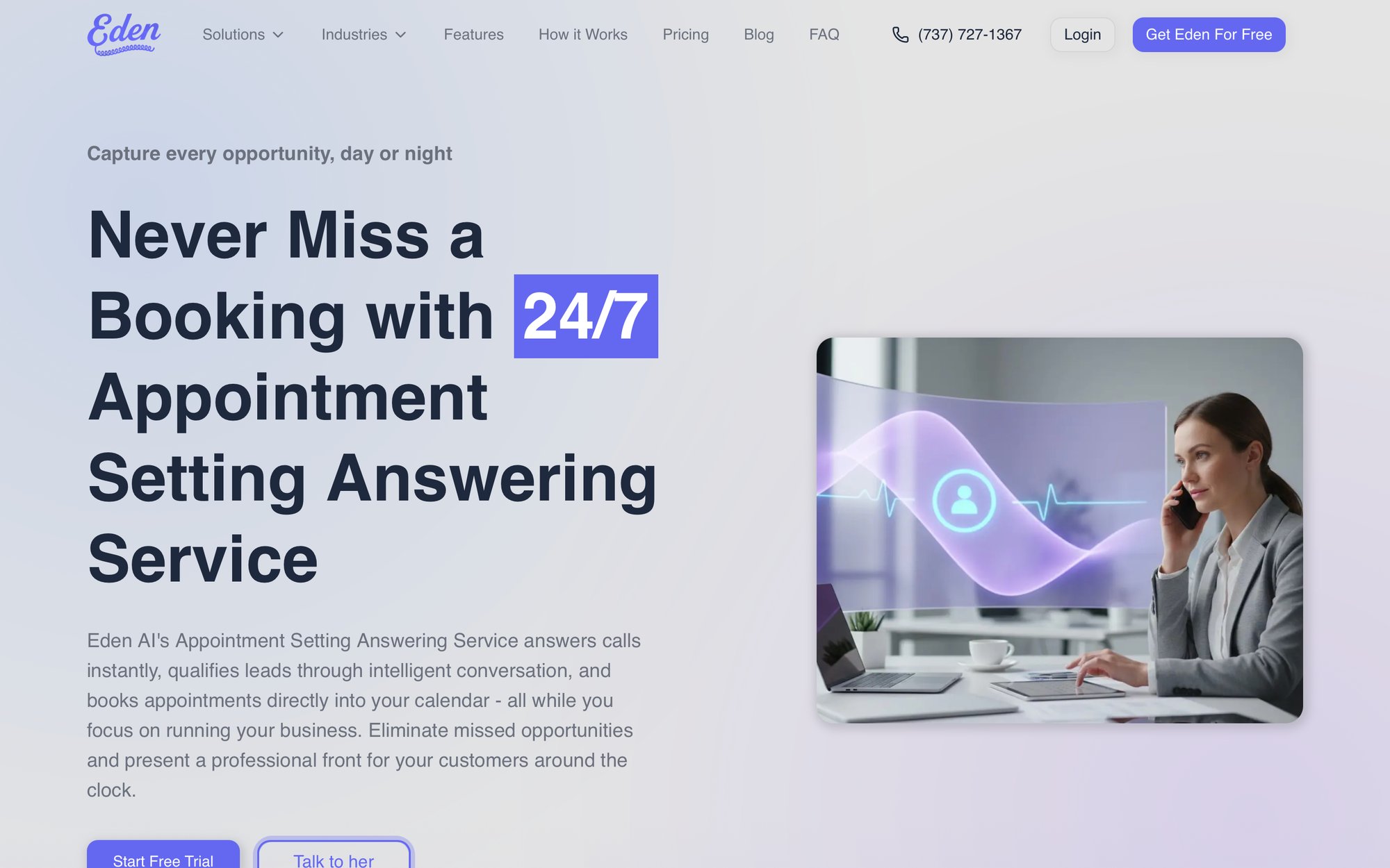 A woman talking on the phone and using a tablet, with a digital interface overlay, representing an appointment setting service.