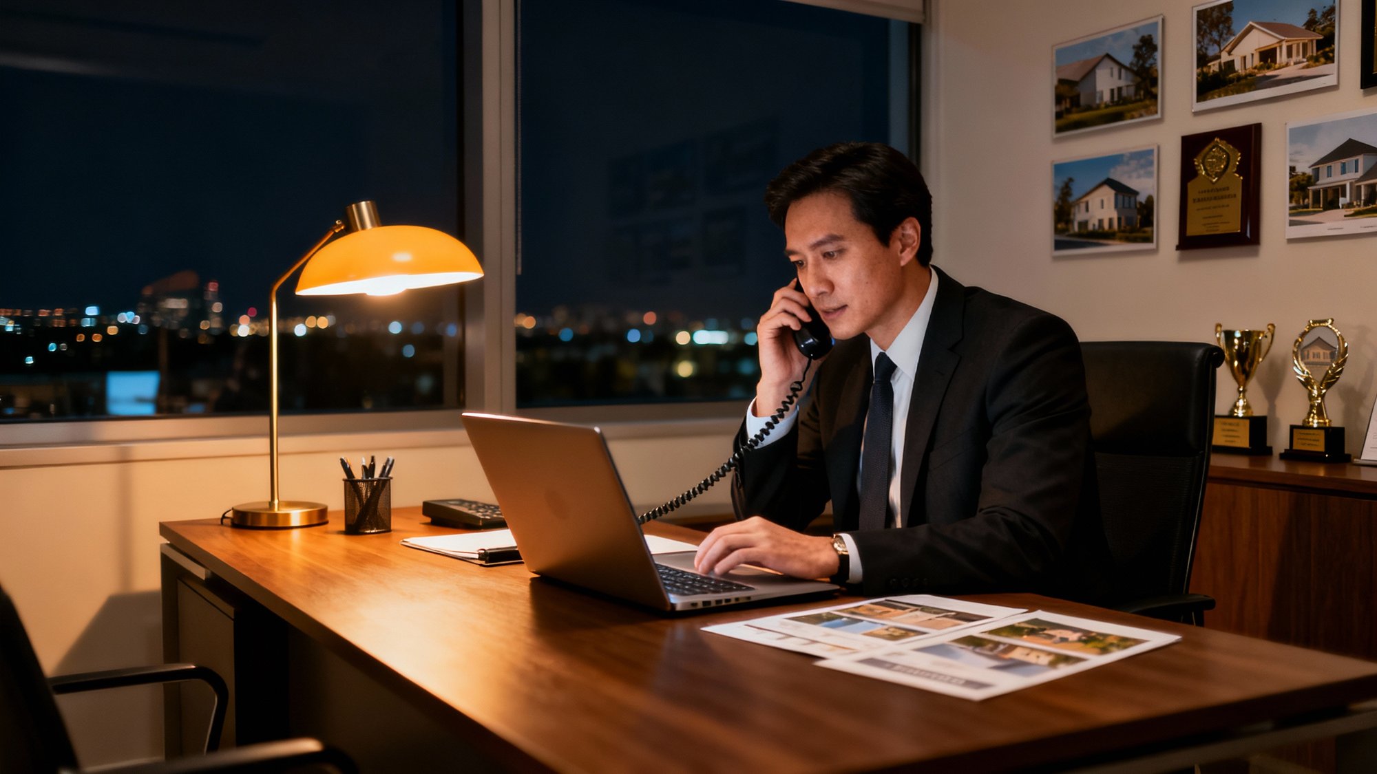 Professional real estate agent working at office desk after business hours with nighttime city view through windows