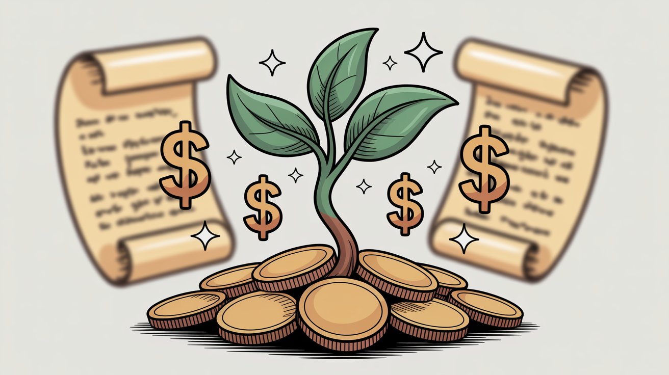 Money tree growing from coins with dollar symbols and financial documents representing cost savings and ROI