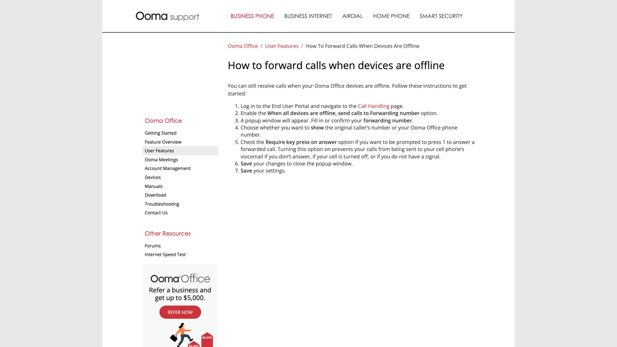 Ooma Office support documentation showing how to configure call forwarding when devices are offline for business continuity