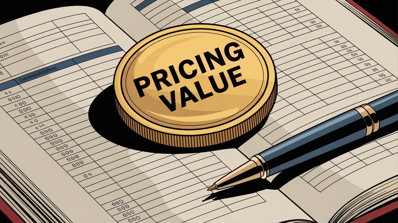 Pricing value coin on financial ledger with pen, illustrating service cost evaluation and value assessment for law firms